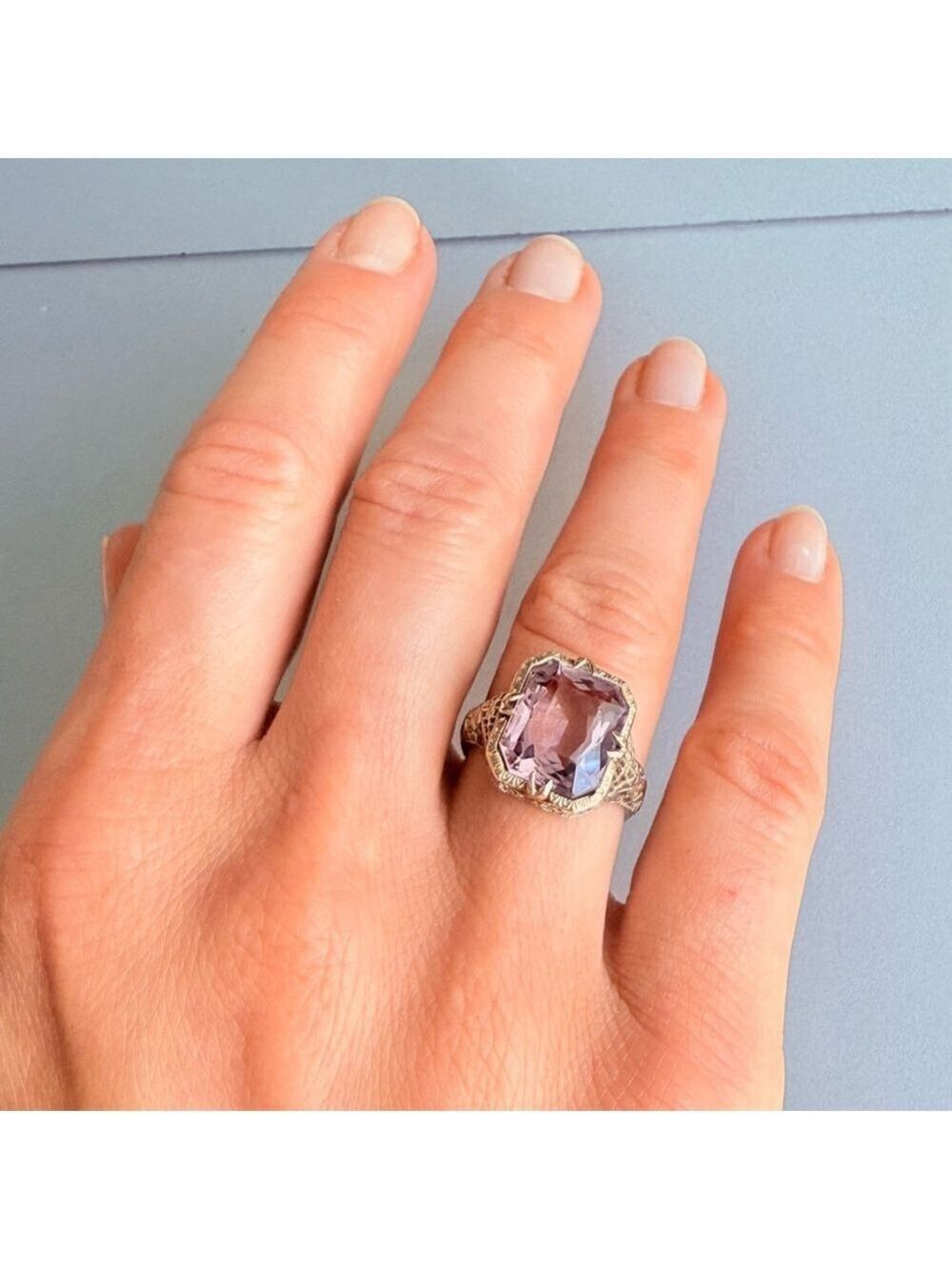 Estate 14K White Gold Antique Art Deco 5 CT Emerald Cut Amethyst Ring - Picture 5 of 13